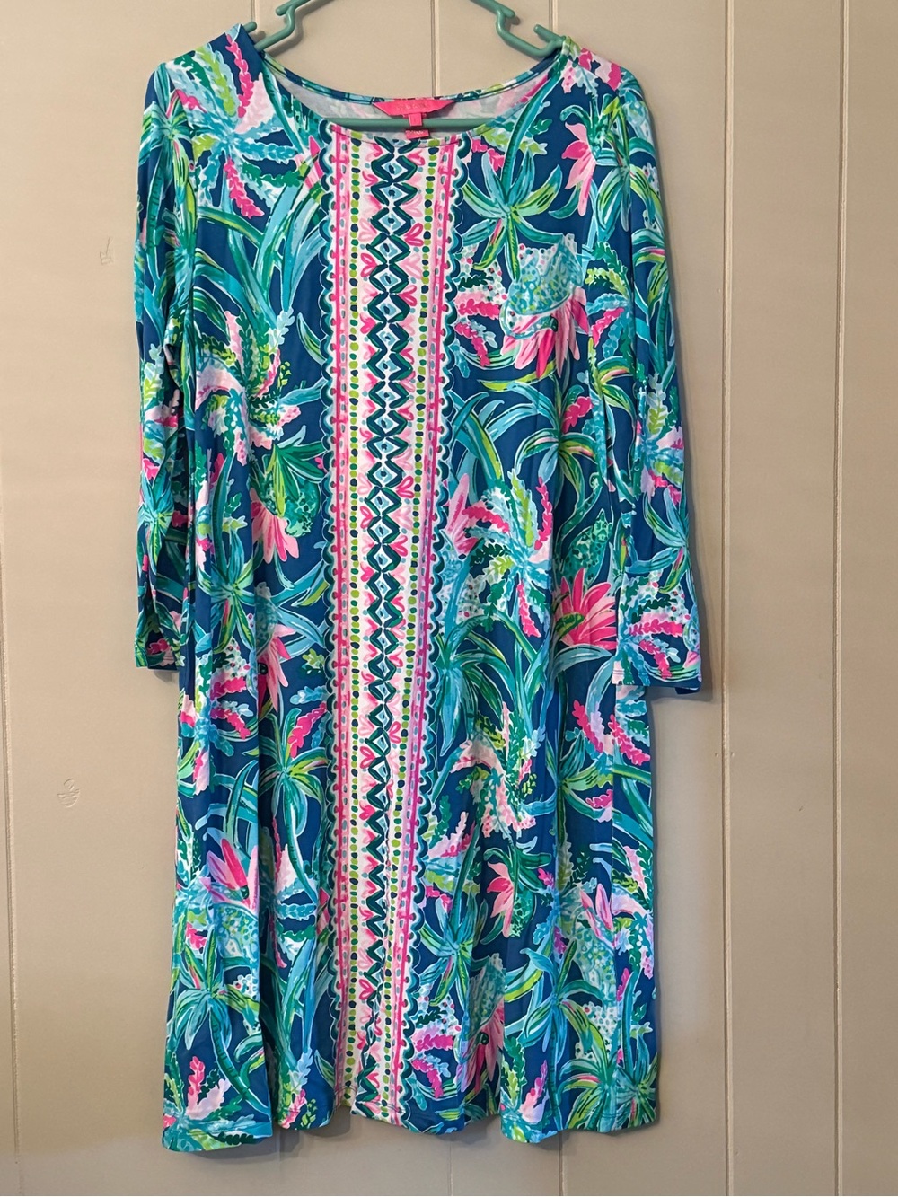 Lilly Pulitzer Teal Shift Dress with Pink & Green Floral
